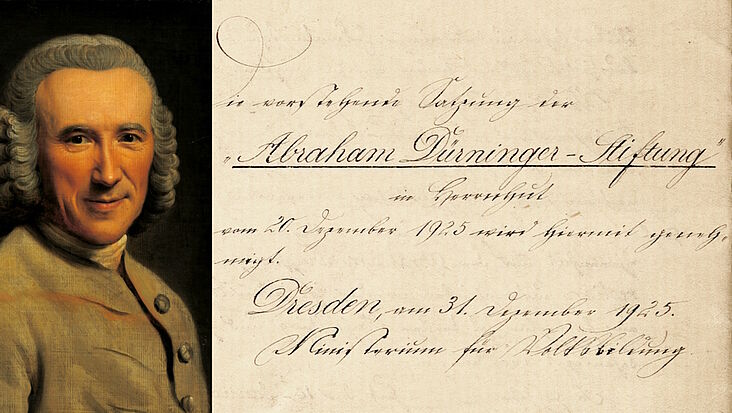 links im Bild ein Portrait A. Dürningers, rechts eine Ansicht der Stiftungsurkunde