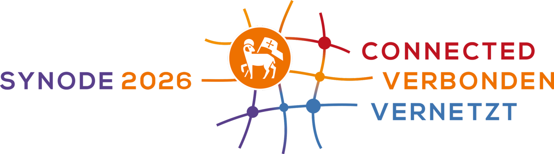 Logo der Synode 2026 mit Lamm, farbigem Netz im Hintergrund und den drei Worten Connected, Verbonden & Vernetzt