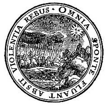 Vignette in Comenius Werk „Orbis sensualium pictus“. Die lateinische Umschrift lautet: „Alles fließe von selbst, Gewalt sei ferne den Dingen“
