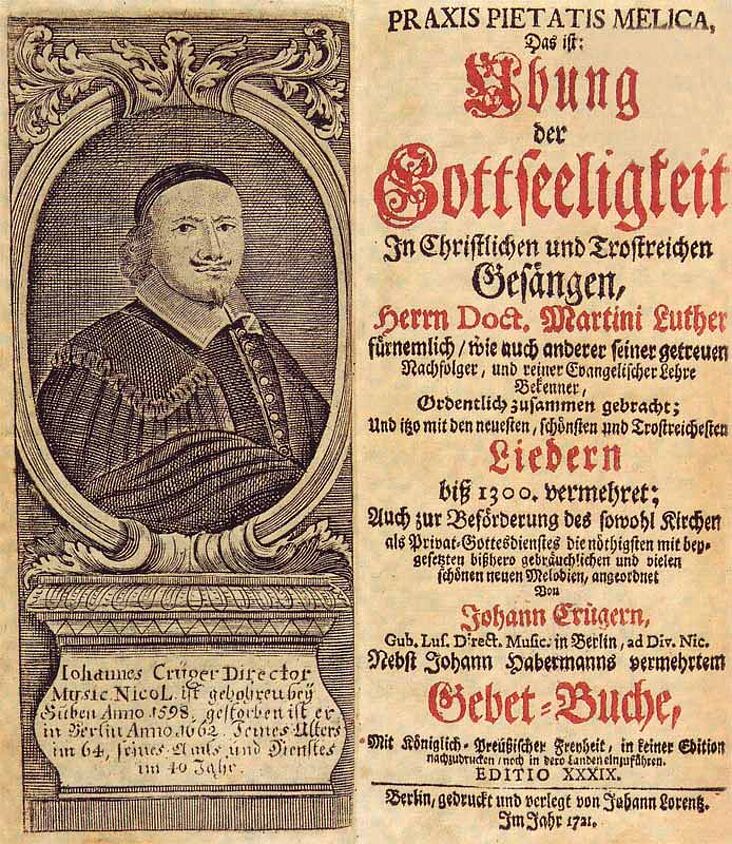 Titelbild der Praxis Pietatis Melica; auf der linken Seite ein Stich mit dem Portrait von Johann Crüger, rechts Schrift
