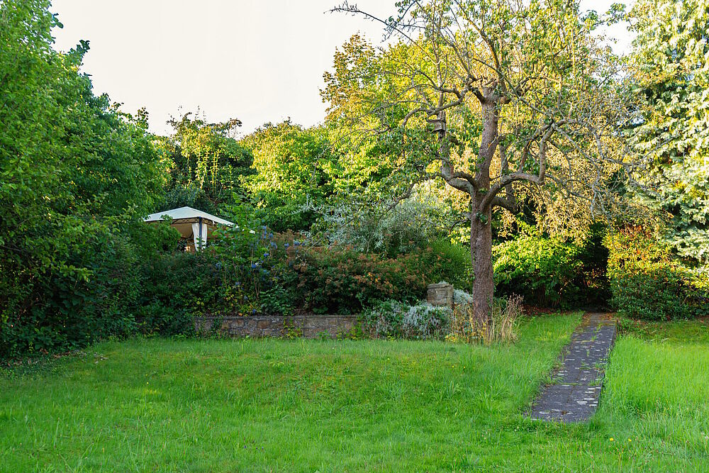 Blick in den Pfarrgarten mit Wiese im Vordergrund, im Hintergrund etwas versteckt ein Pavillon auf einer Terrasse (Foto von Sophia Korzen)