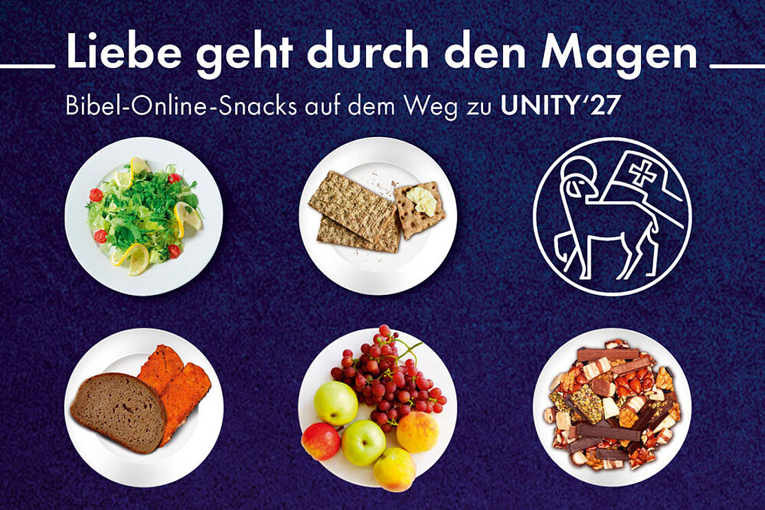 5 Teller, jeweils befüllt mit Salat, Knäckebrot, Fisch, Obst und Nüssen – Grafik zur Veranstaltungsreihe "Bibel-Online-Snacks"