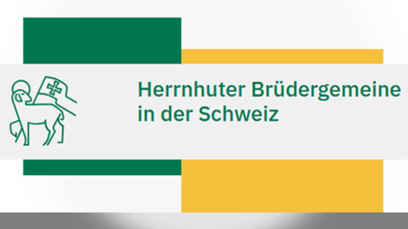 Lamm und Schriftzug "Herrnhuter Brüdergemeine in der Schweiz" mit grafischen Elementen im Hintergrund; Link zur Seite der Herrnhuter in der Schweiz