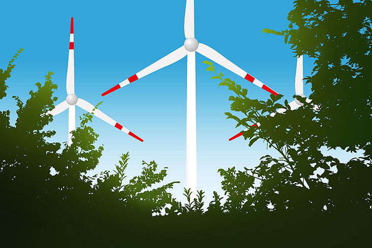 Bäume und Zweige und im Hintergrund teilweise verdeckt drei Windräder