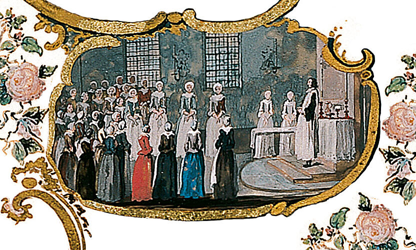 Darstellung eines Abendmahls der Herrnhuter in der Berthelsdorfer Kirche, Herbst 1727; im Kreis stehende Abendmhalsgäste
