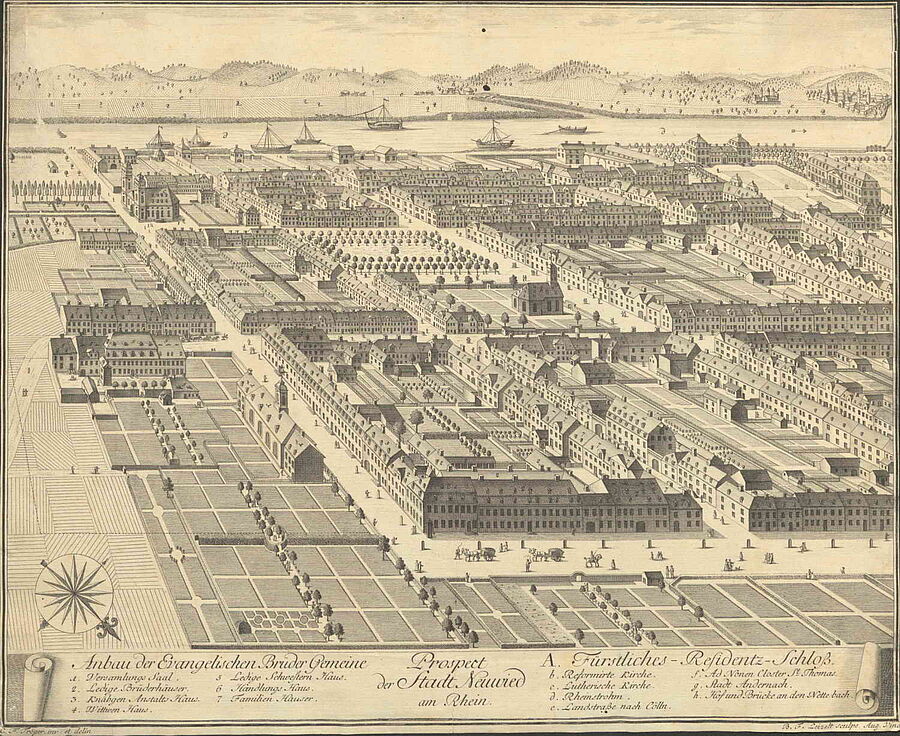 Historische Ansicht Neuwieds mit der noch jungen Herrnhuter Siedlung. (Unitätsarchiv TS.MP.77.10)