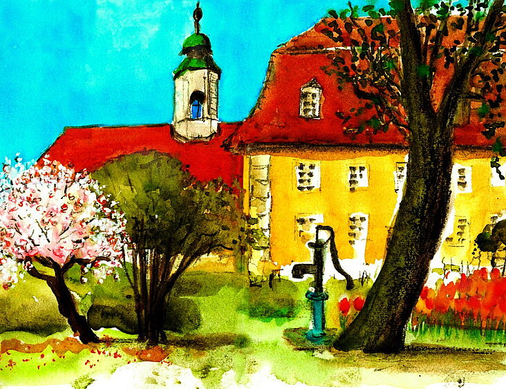 Saal der Brüdergemeine und Gemeinhaus als Aquarellzeichnung von Margit Lessing