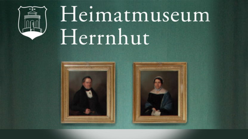 Verlinkung zum Heimatmuseum Herrnhut mit Abbildungen des Logos und zwei historischen Portraits auf grüner Tapete