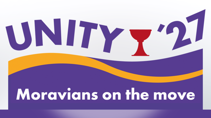 Logo Unity27 mit rotem Kelch in der Mitte und unterhalb stehendem Schriftzug "Moravians on the move"
