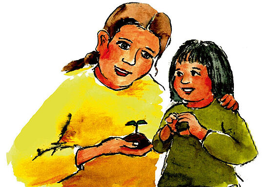 Frau mit Kind – eine Aquarellzeichnung von Margit Lessing