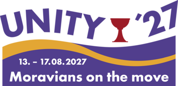 Logo Unity '27 mit Schriftzug und rotem Kelch in der Mitte, darunter der Schriftzug Moravians on the Move