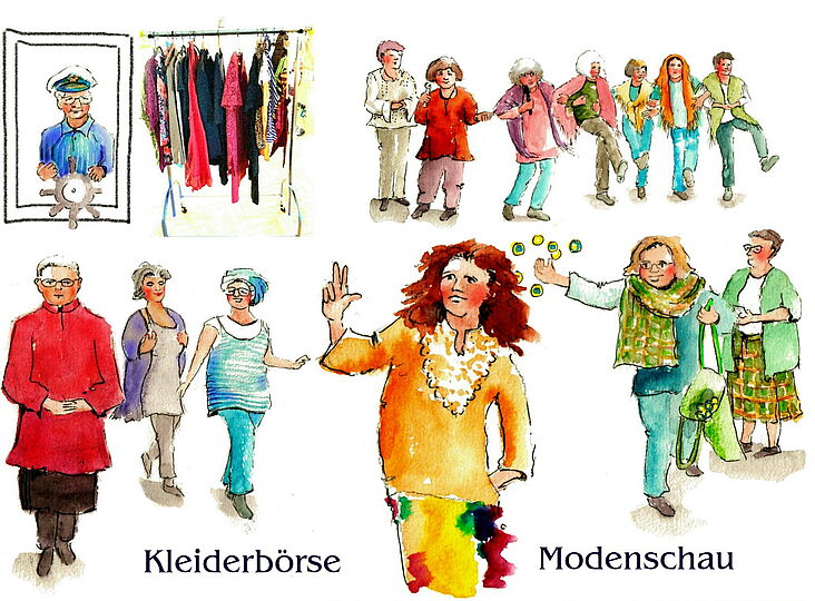 Aquarellzeichnung von Margit Lessing zum Thema Modenschau