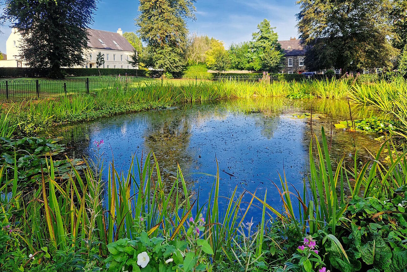 Im Vordergrund der Teich auf dem zentralen Platz, im Hintergrund zwischen Bümen ist die alte Schule von Gracehill zu sehen.