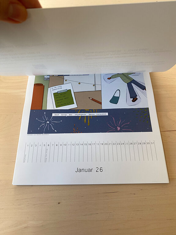Der Januar wird aufgeblättert, das Motiv ist nur ansatzweise zu erahnen