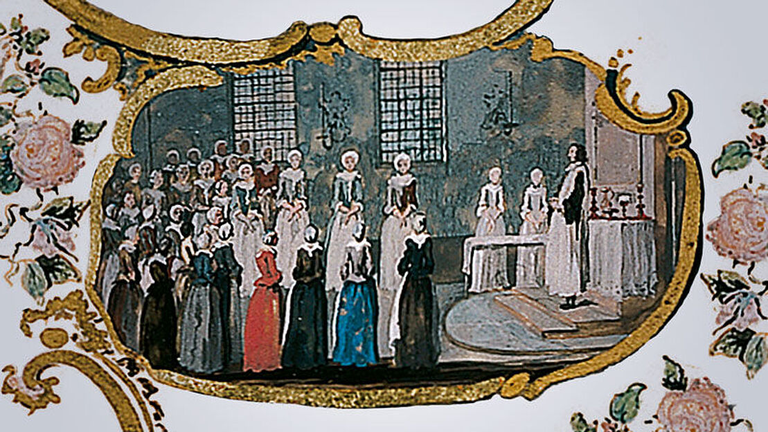 Darstellung eines Abendmahls der Herrnhuter in der Berthelsdorfer Kirche, Herbst 1727; im Kreis stehende Abendmhalsgäste